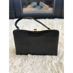 Vintage 50s Style‎ Top Handle Handbag Black Lizard Print Purse Gold Hardware